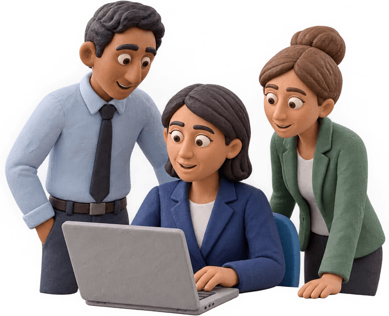 Illustration: three clay figures reviewing evidence on a laptop.